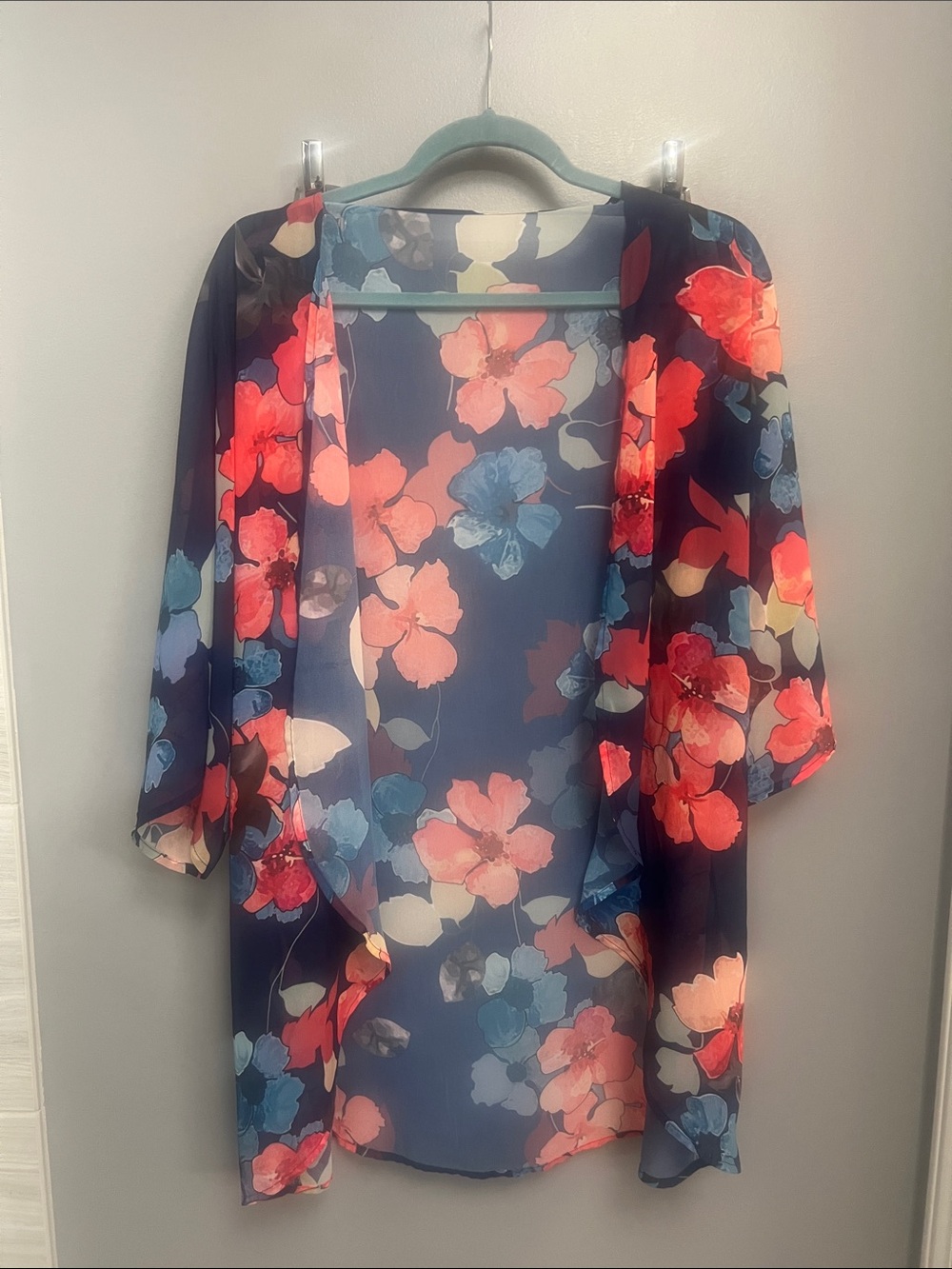 Floral Sheer Kimono Cardigan - Navy with Coral & Blue Flowers